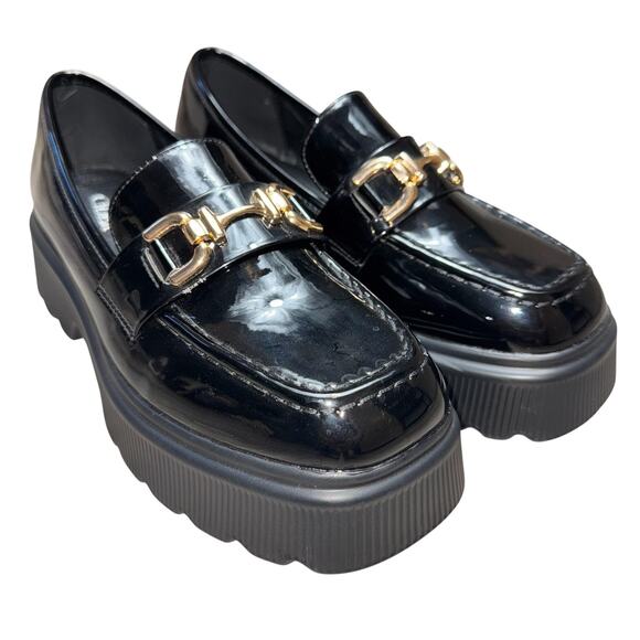 Cider Loafer Shoes Womens Size 38 Platform Chunky Gold Chain Slip On Patent - Picture 2 of 8